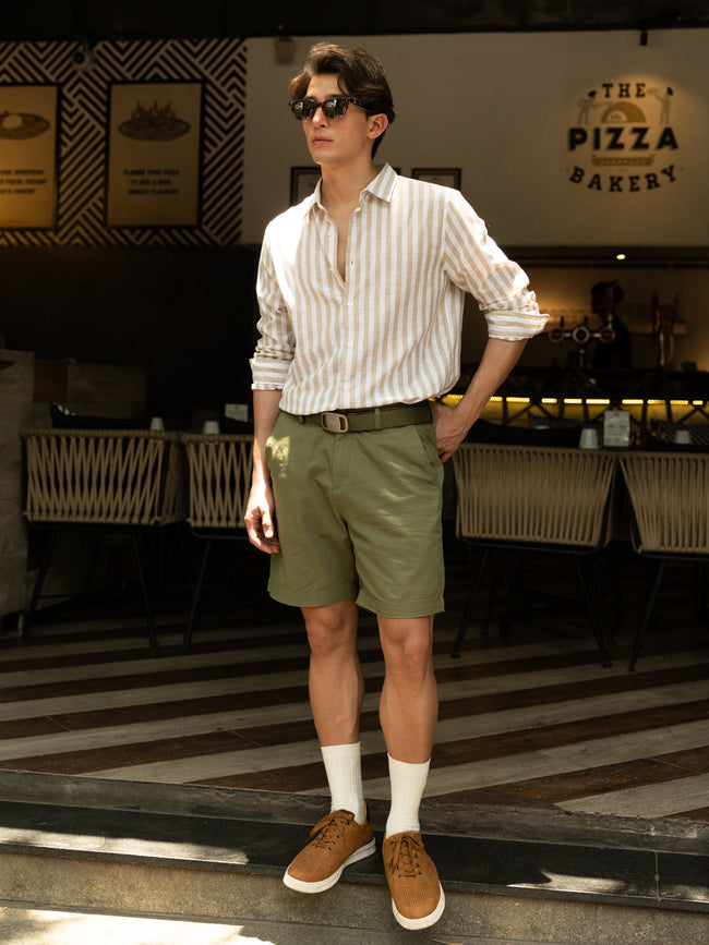 Men Beige Striped Slim Fit Casual Shirt