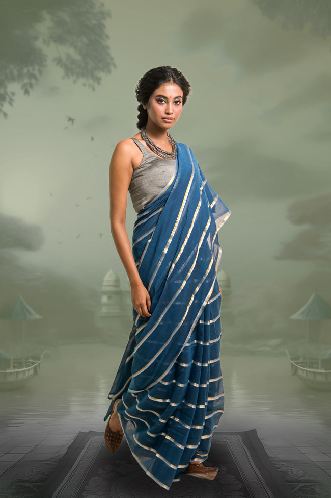 Yashini Blue Handloom Mul Cotton Saree with Zari Stripes
