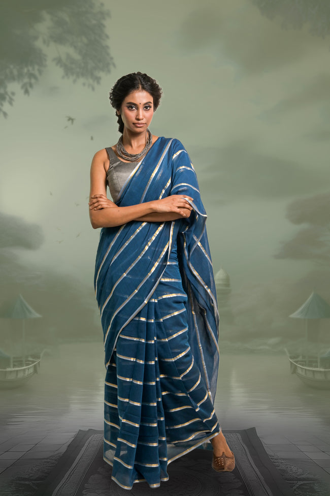 Yashini Blue Handloom Mul Cotton Saree with Zari Stripes
