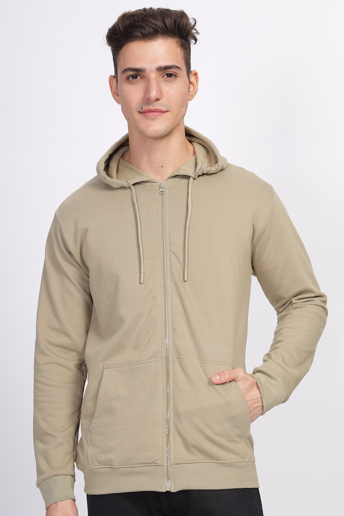 Men Beige  Sweatshirt With Zipper Hoodies