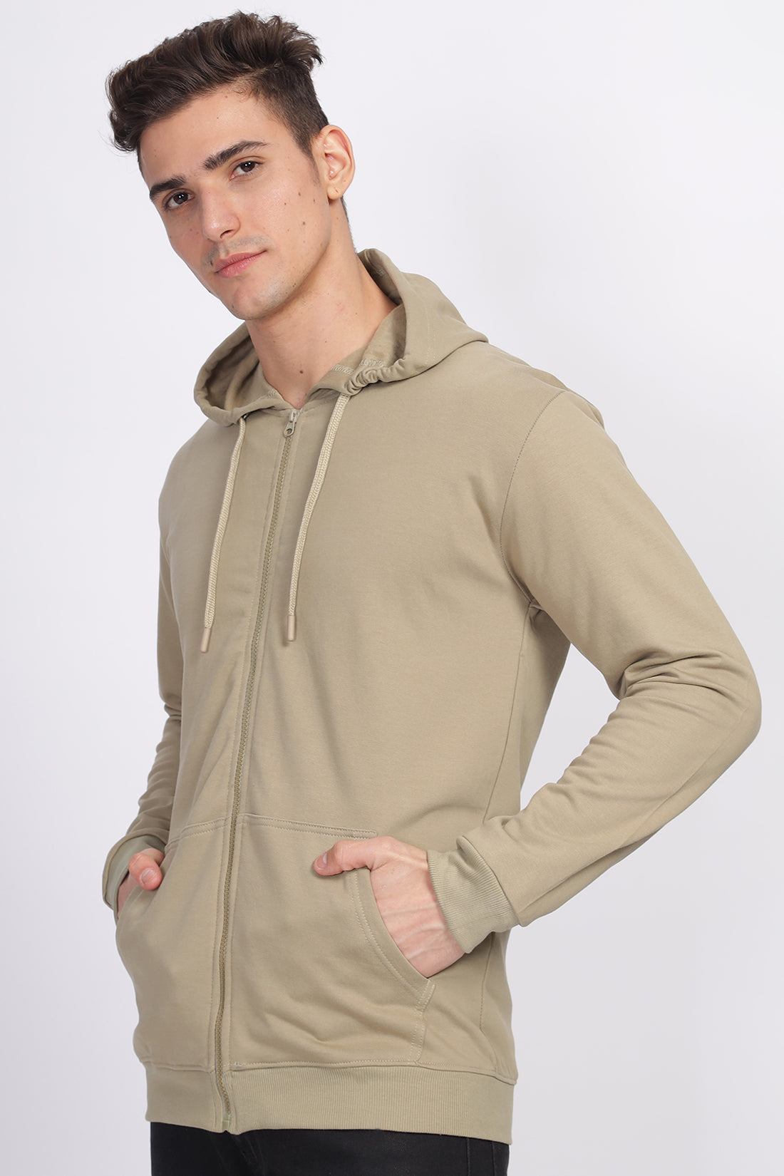 Men Beige  Sweatshirt With Zipper Hoodies