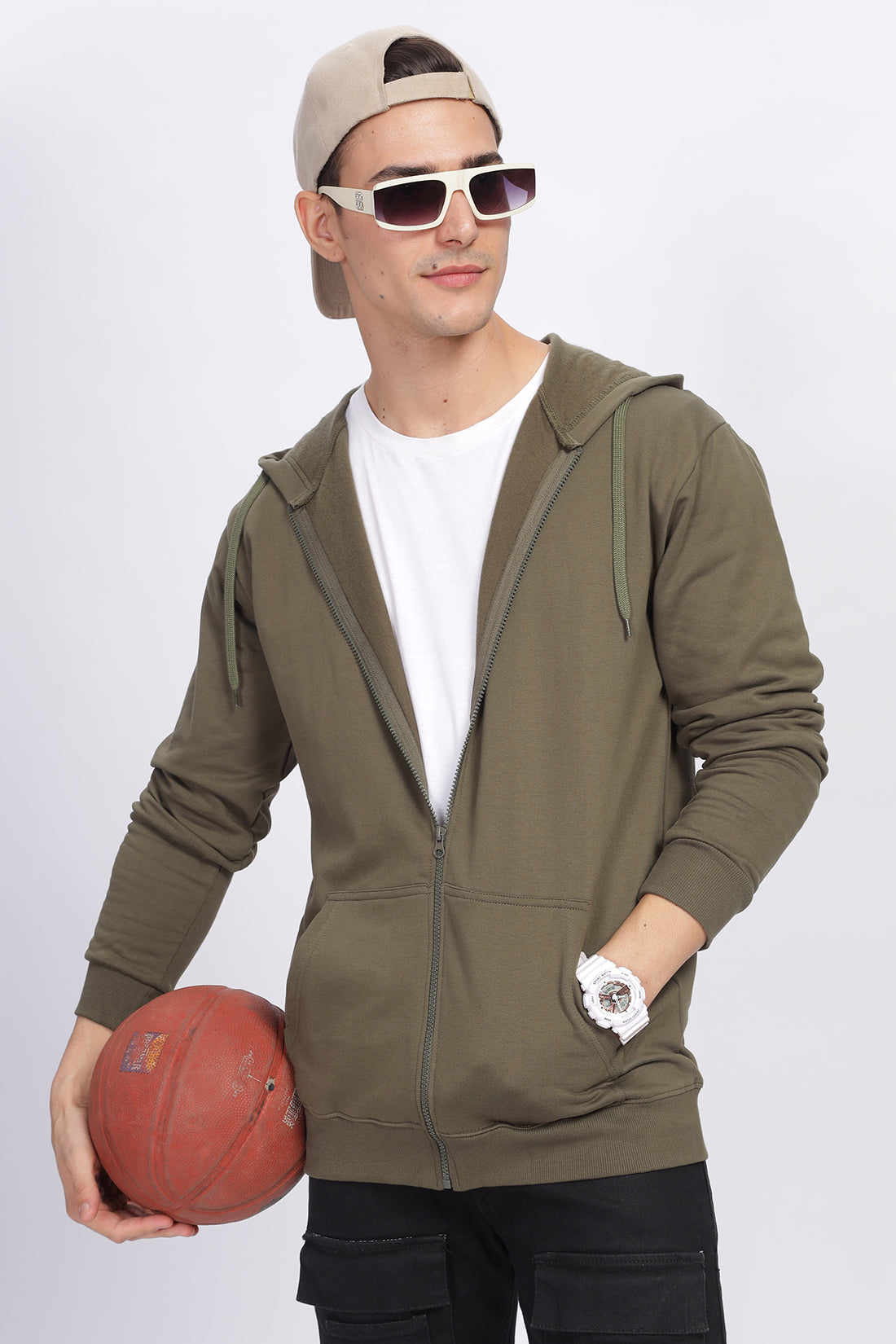 Men Olive Sweatshirt With Zipper Hoodies