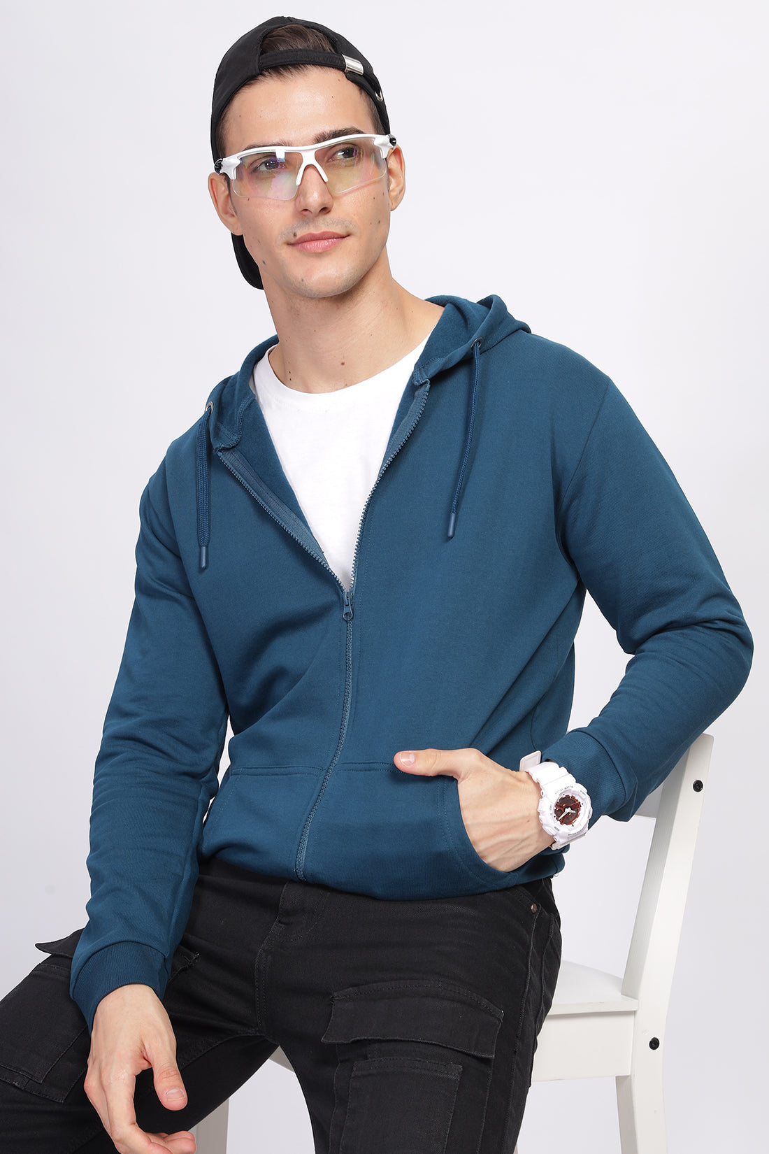 Men Teal Sweatshirt With Zipper Hoodies