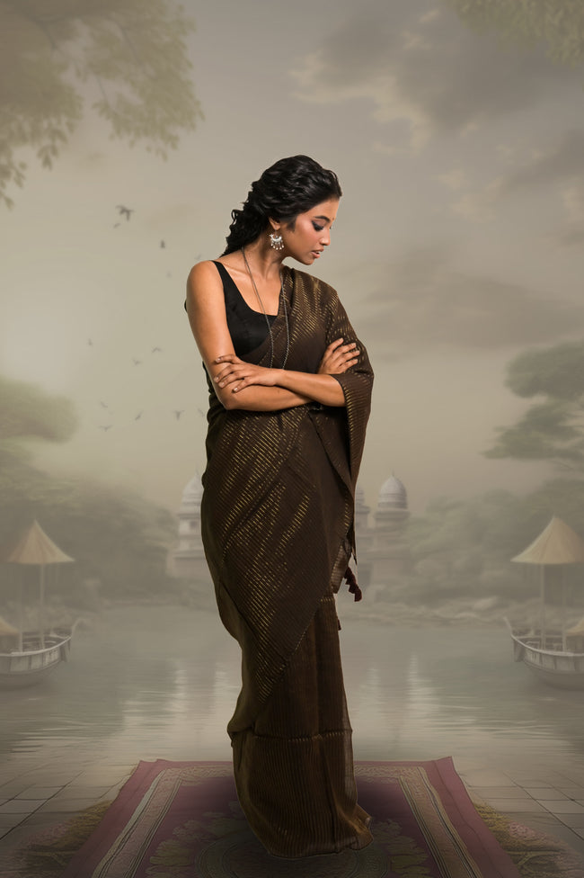 Zari Mridang Dark Brown Handloom Mul Cotton Saree with Zari Stripes