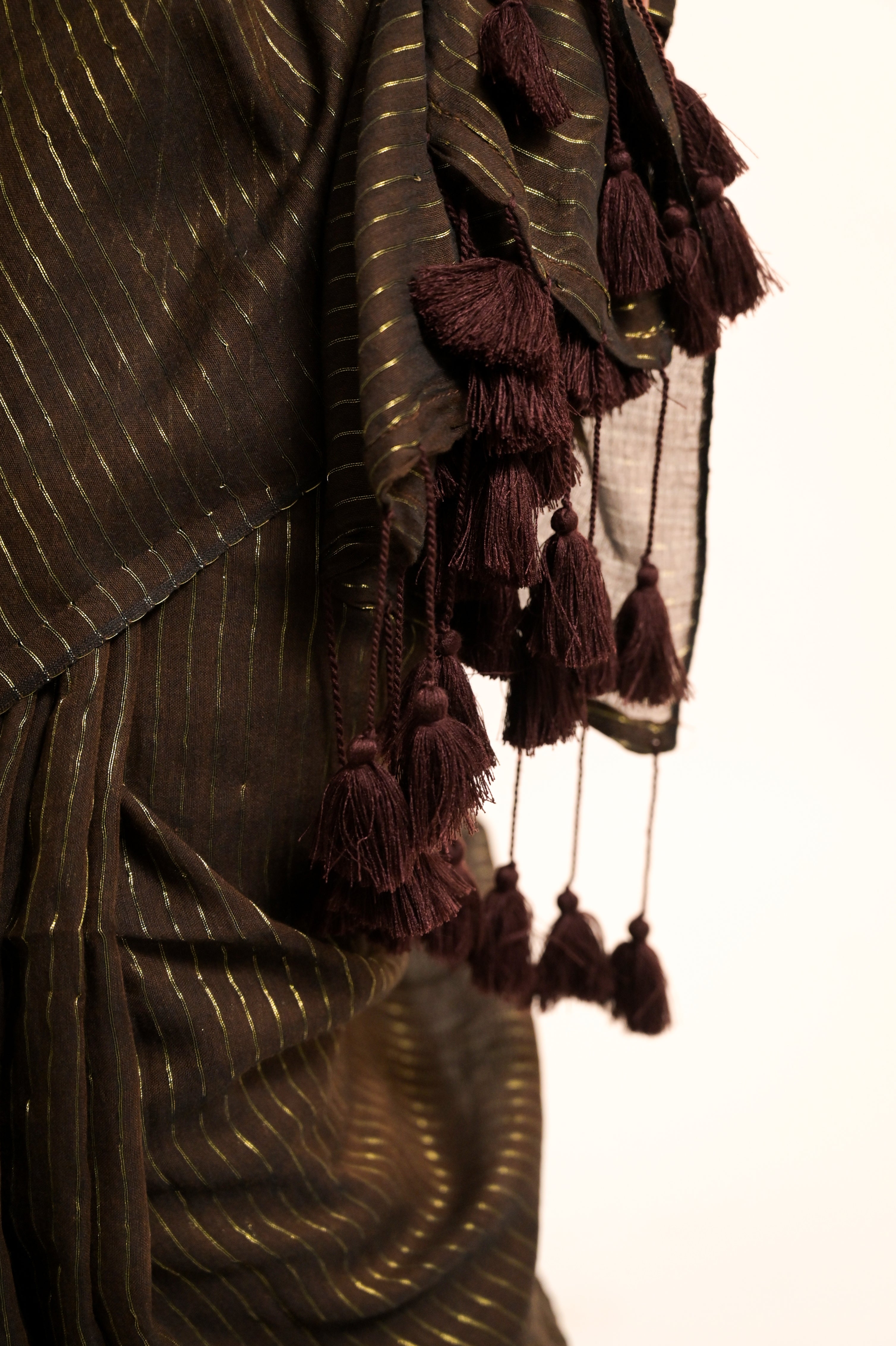 Zari Mridang Dark Brown Handloom Mul Cotton Saree with Zari Stripes