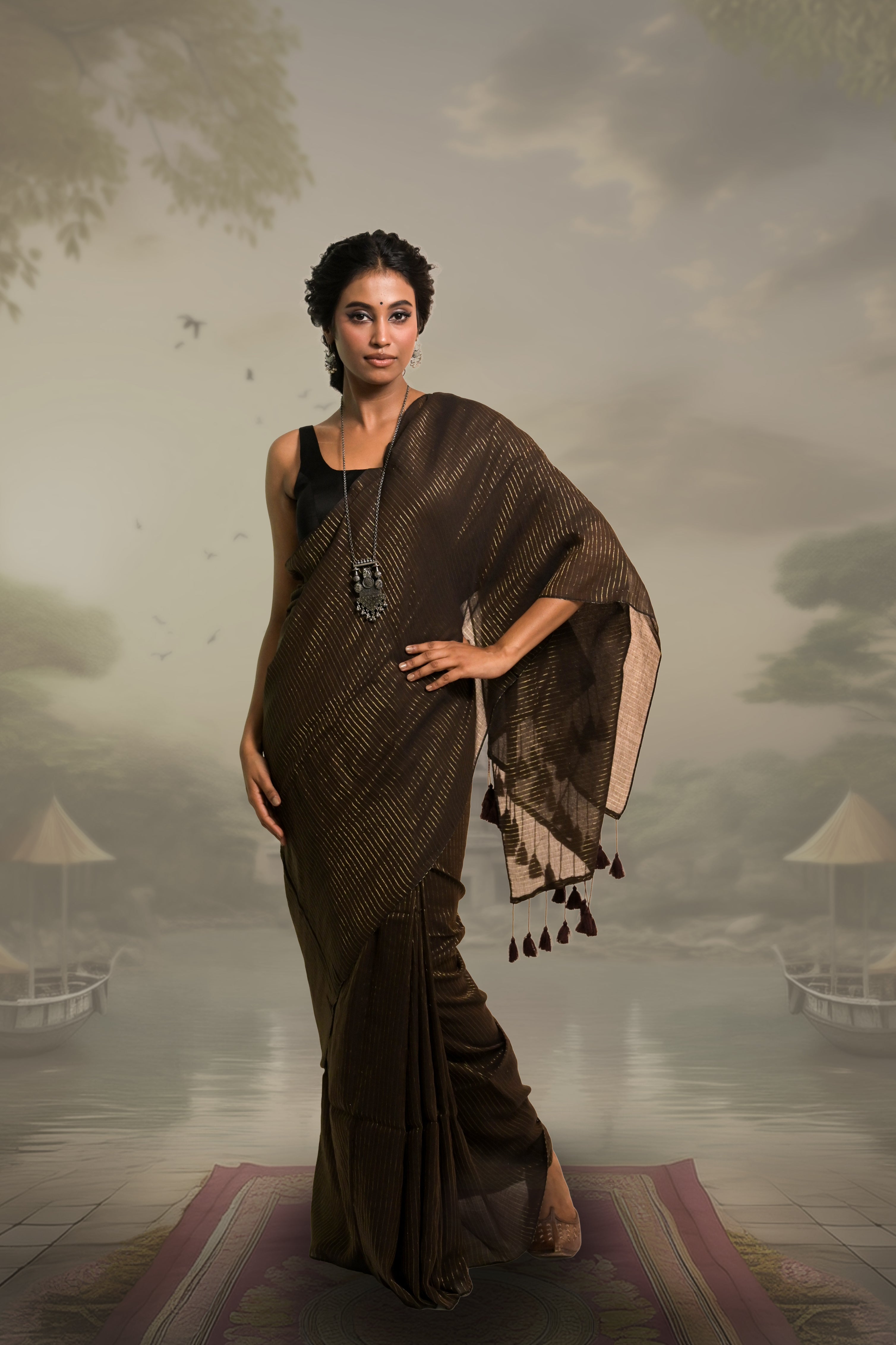 Zari Mridang Dark Brown Handloom Mul Cotton Saree with Zari Stripes
