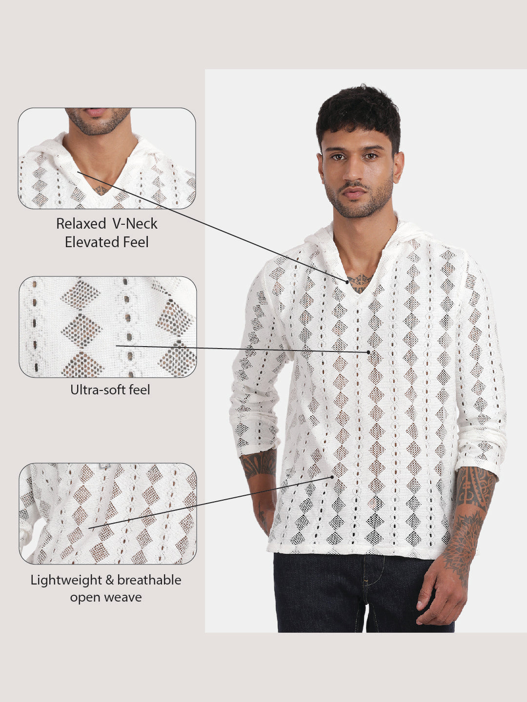 Men White Regular Fit Spread Collar Full Sleeve Hoodie