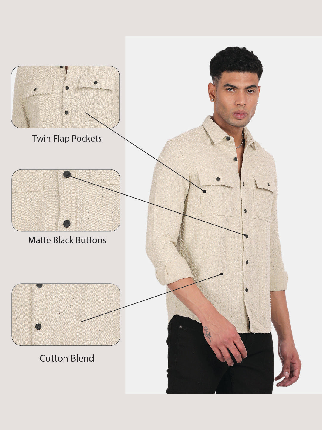 Men Cream Slim Fit Spread Collar Full Sleeve Casual Shirt