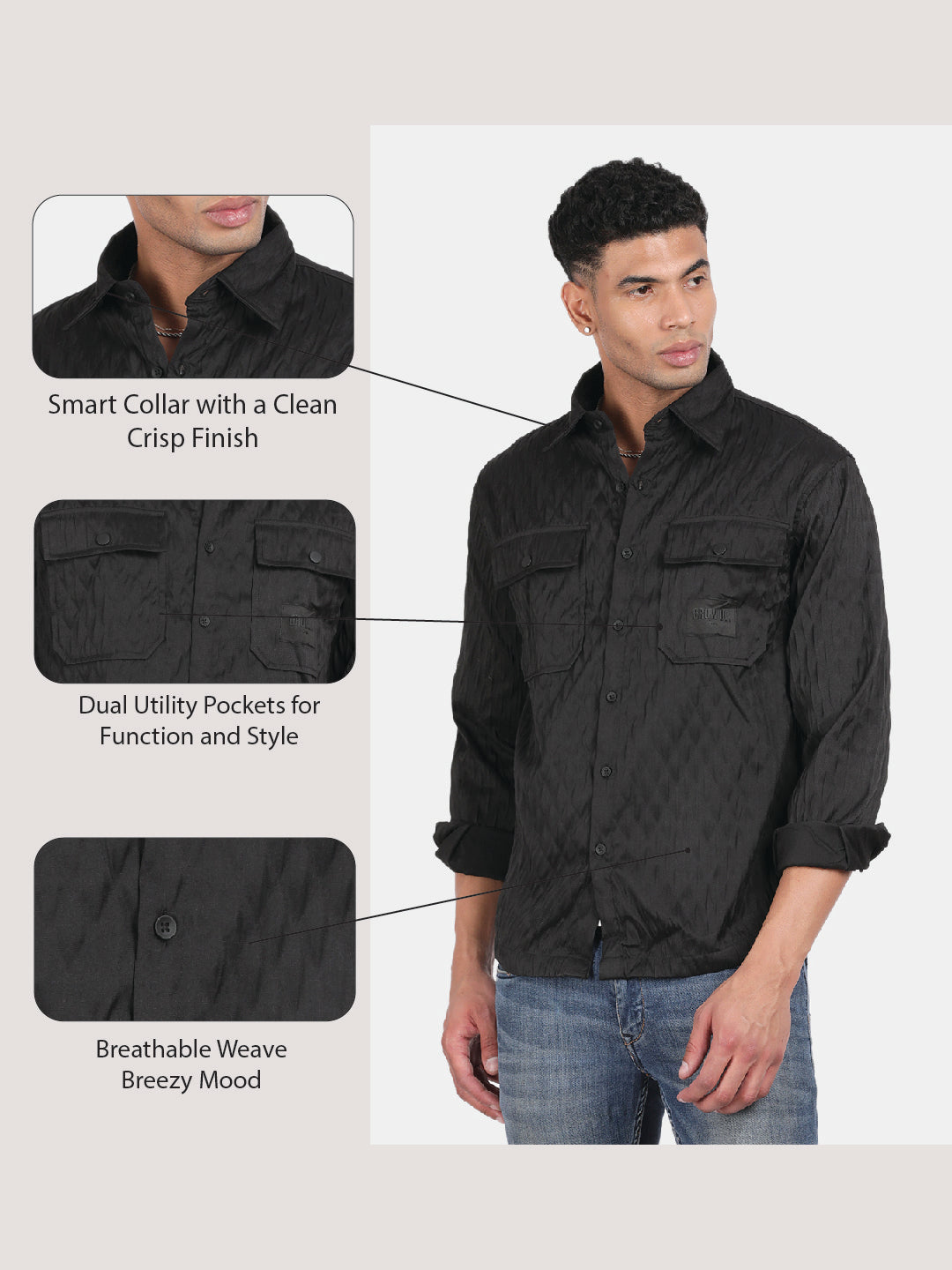 Men Black Slim Fit Spread Collar Full Sleeve Casual Shirt