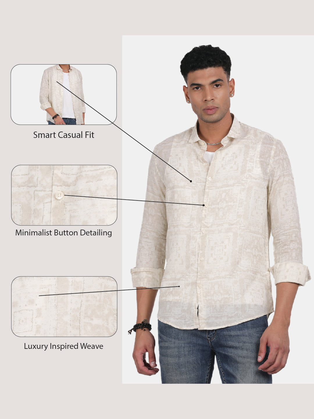 Men Cream Slim Fit Spread Collar Full Sleeve Casual Shirt