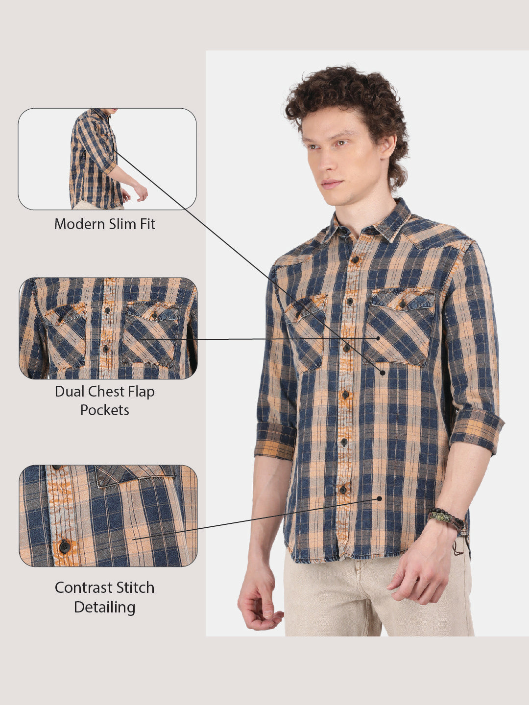Men Cream Slim Fit Spread Collar Full Sleeve Casual Shirt