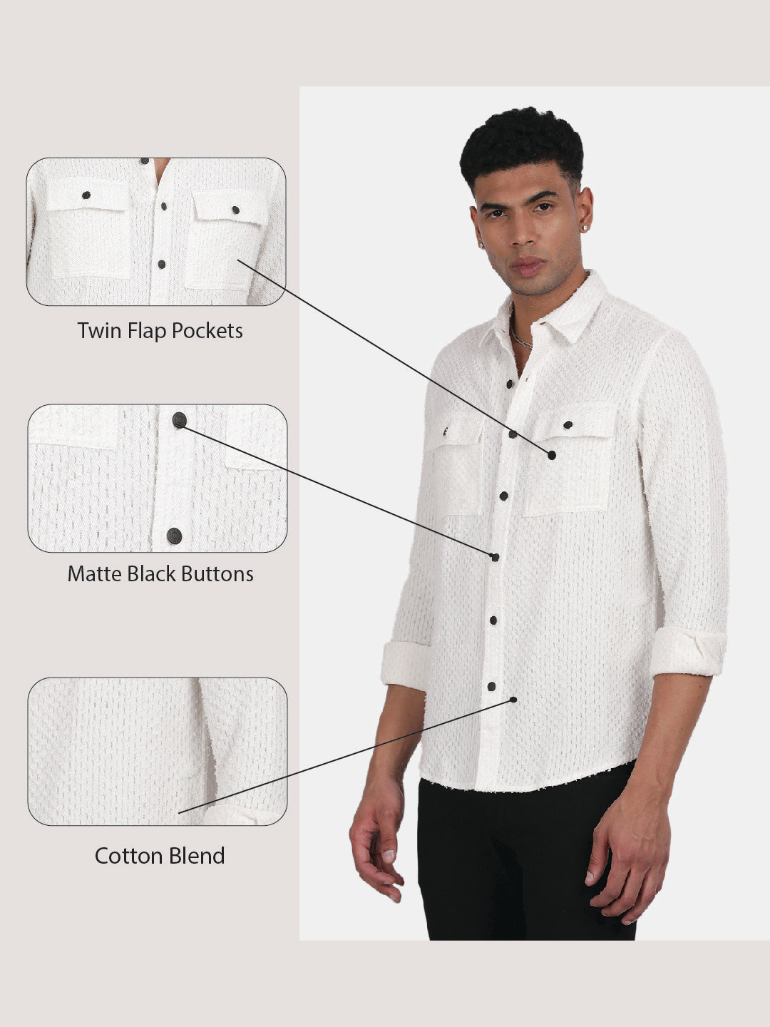 Men White Slim Fit Spread Collar Full Sleeve Casual Shirt