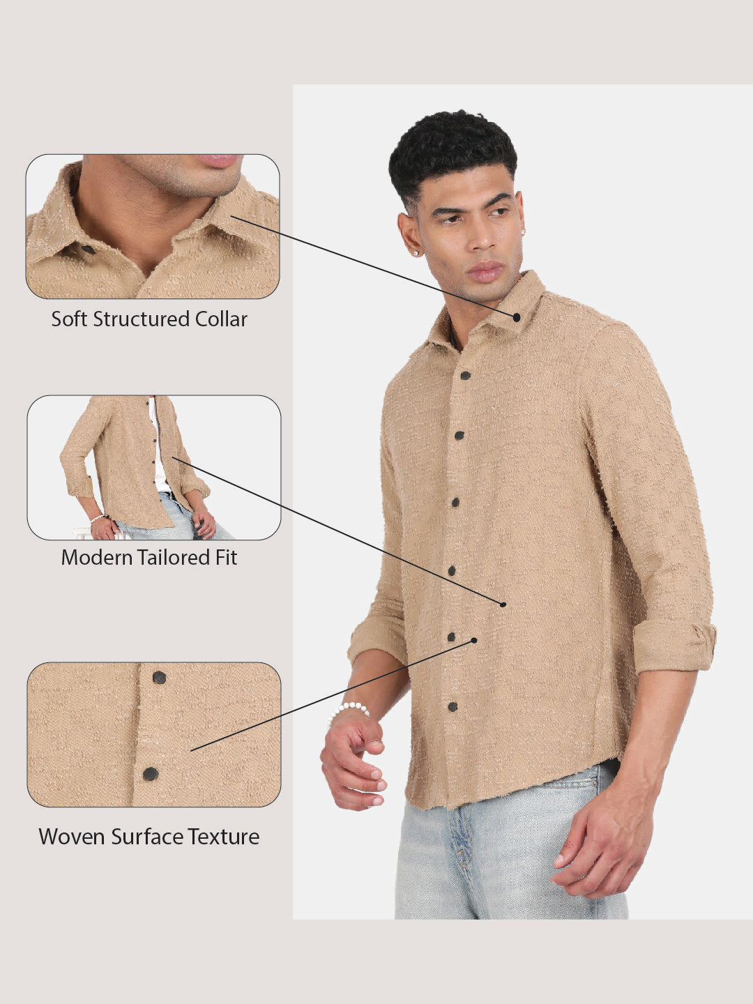 Men Brown Slim Fit Spread Collar Full Sleeve Casual Shirt