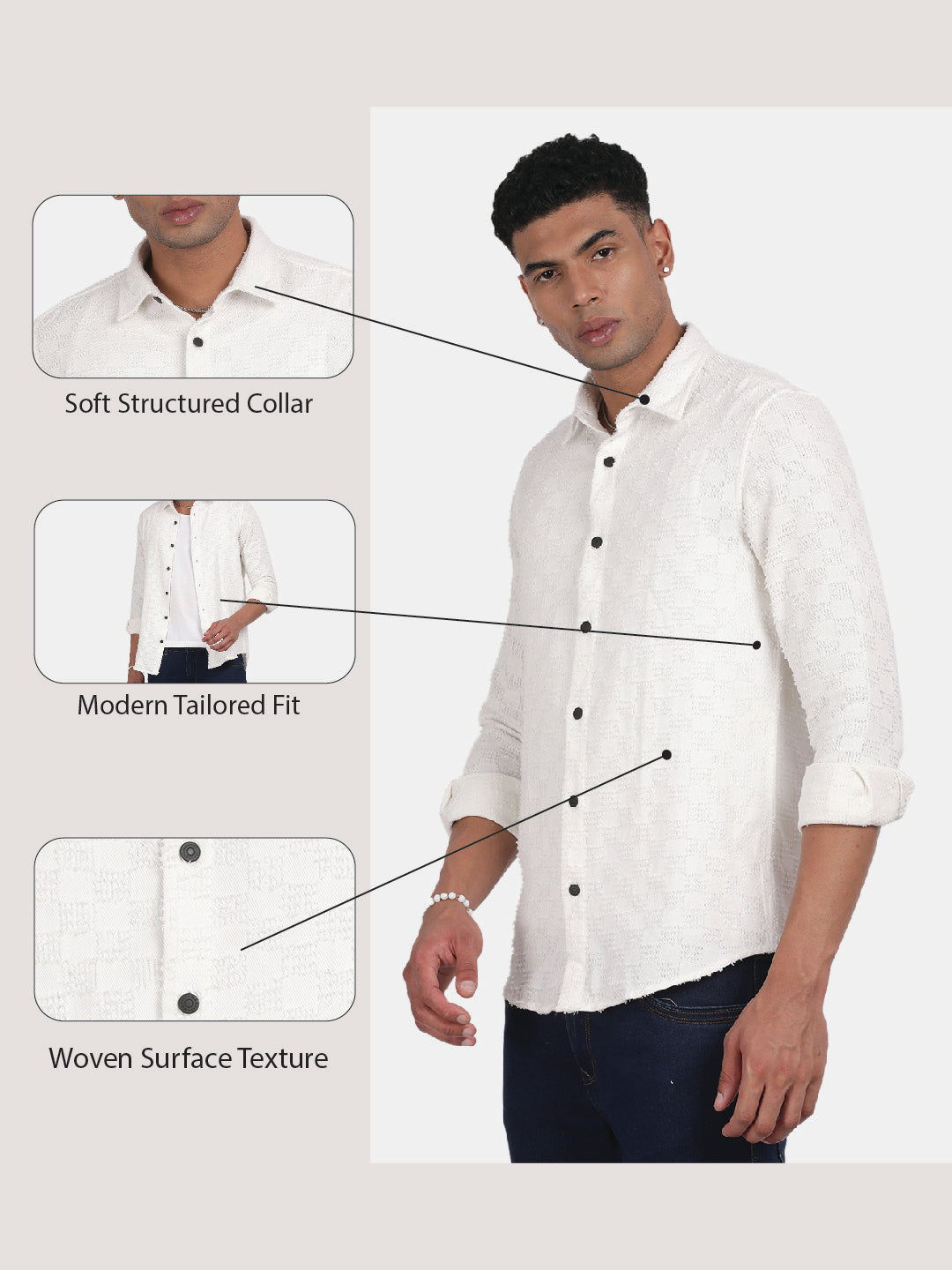 Men White Slim Fit Spread Collar Full Sleeve Casual Shirt