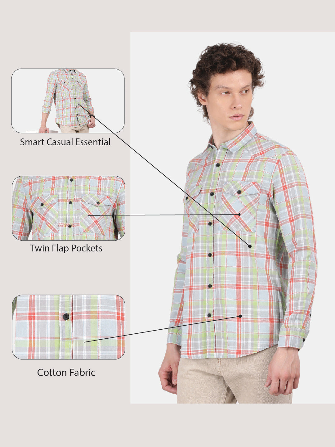 Men Grey Slim Fit Spread Collar Full Sleeve Casual Shirt
