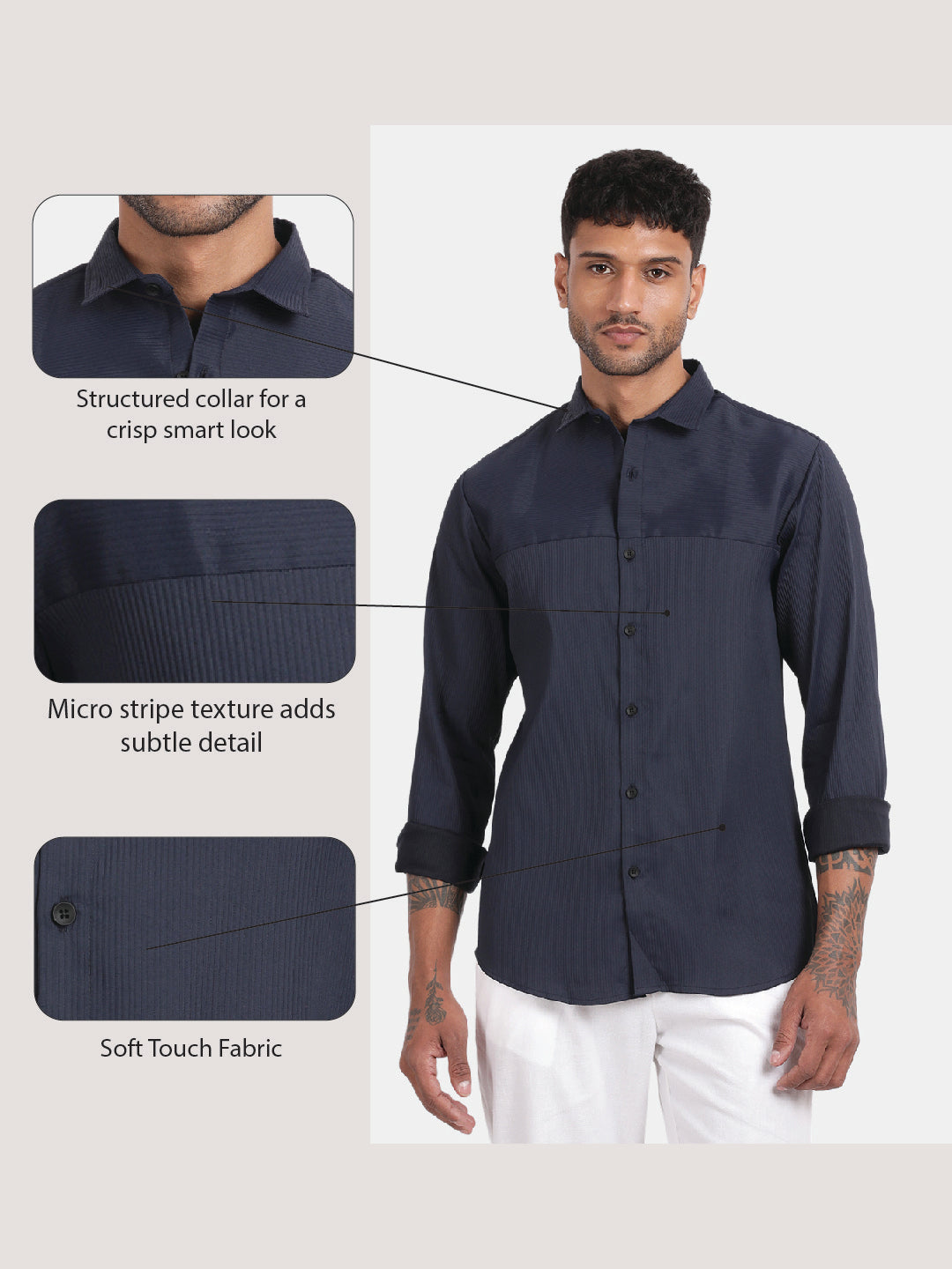 Men Navy Slim Fit Spread Collar Full Sleeve Casual Shirt