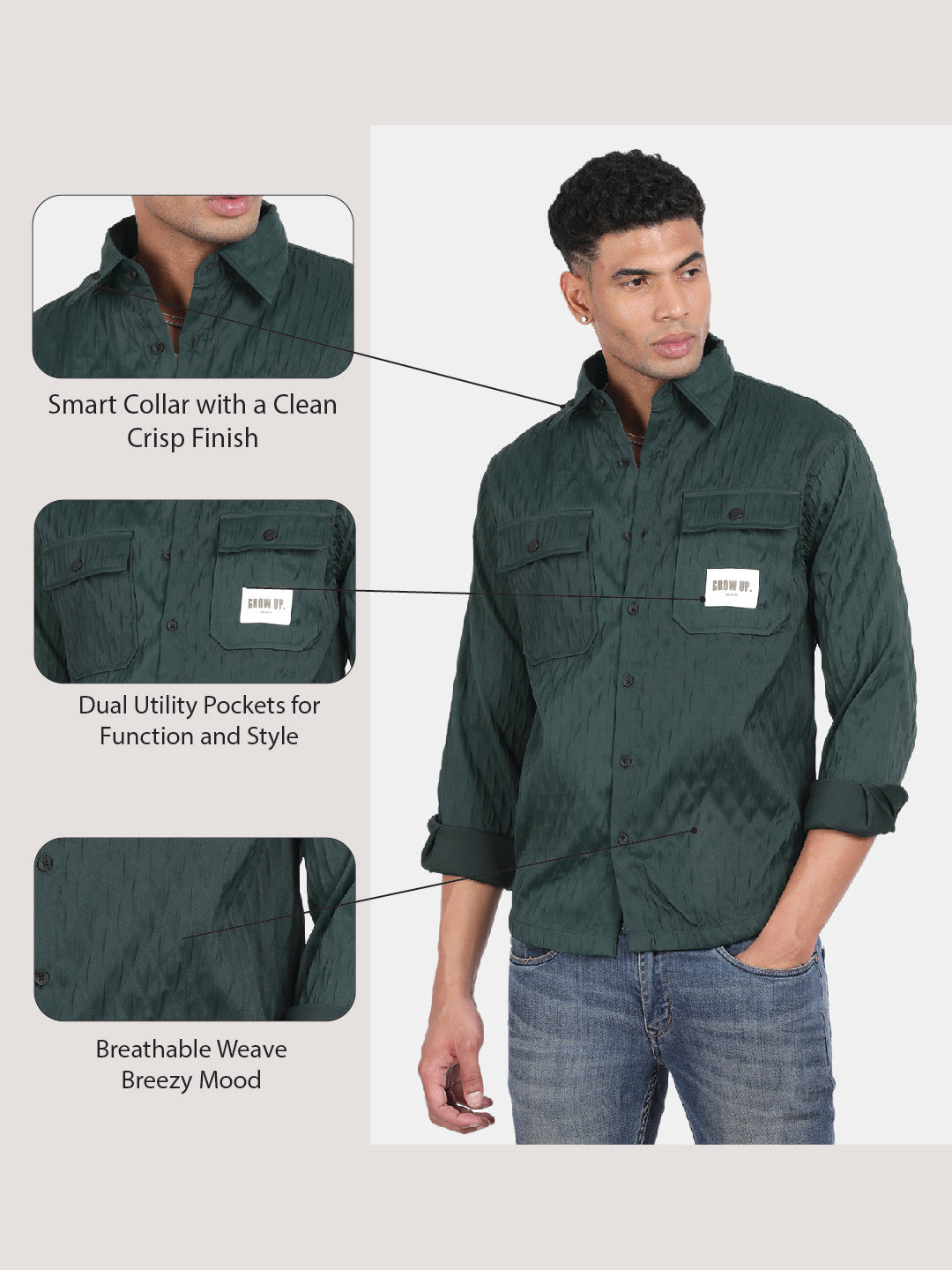 Men Dark Green Slim Fit Spread Collar Full Sleeve Casual Shirt