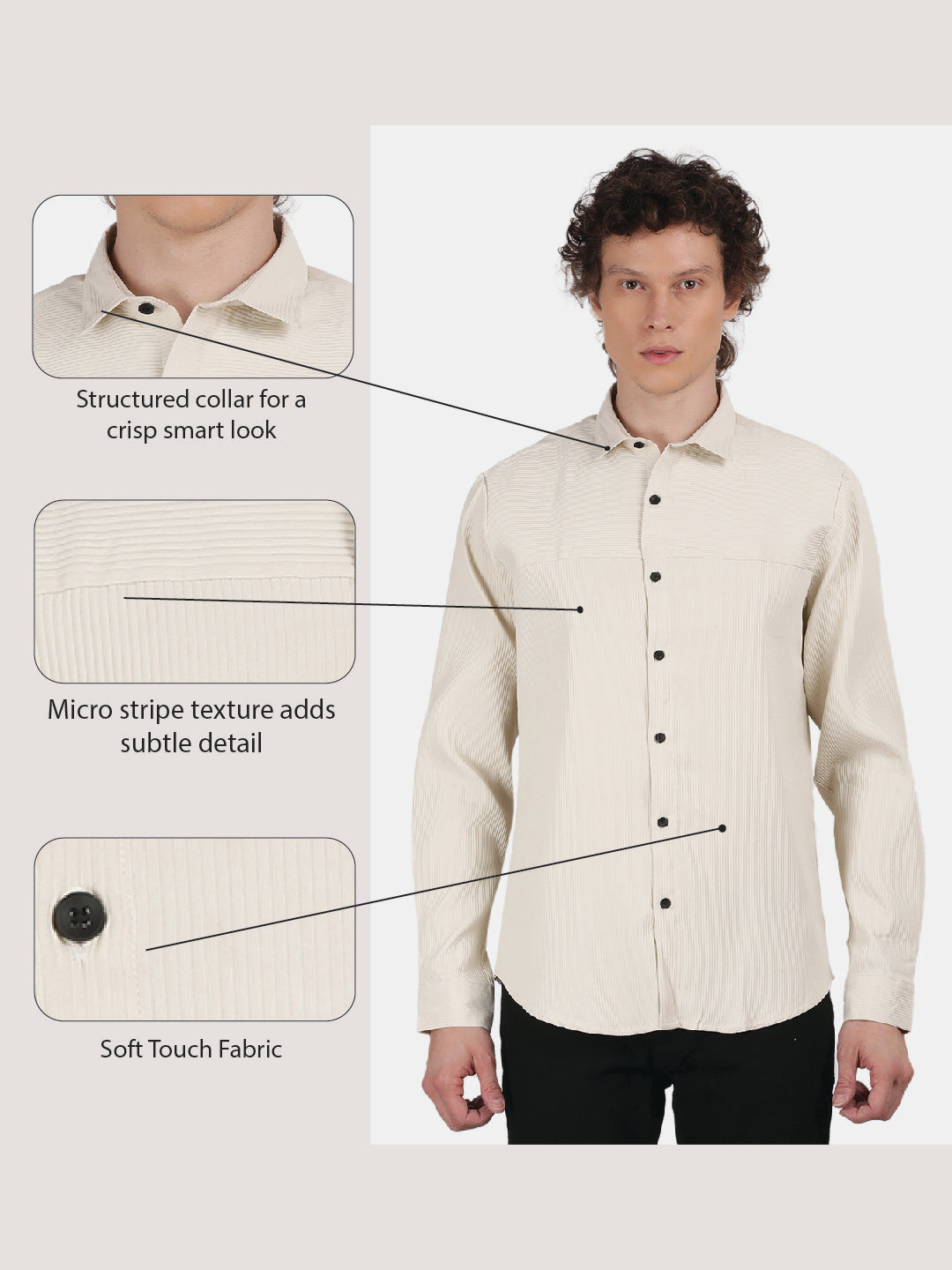 Men Cream Slim Fit Spread Collar Full Sleeve Casual Shirt