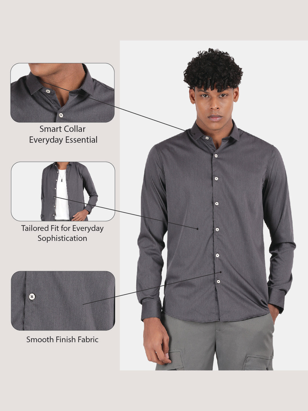 Men Charcoal Slim Fit Spread Collar Full Sleeve Casual Shirt