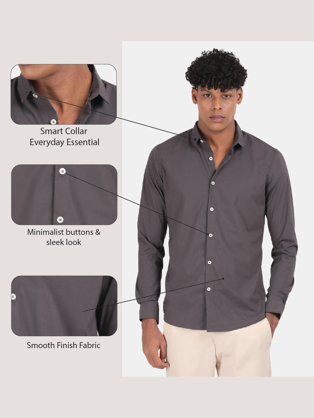 Men Dark Grey Slim Fit Spread Collar Full Sleeve Casual Shirt