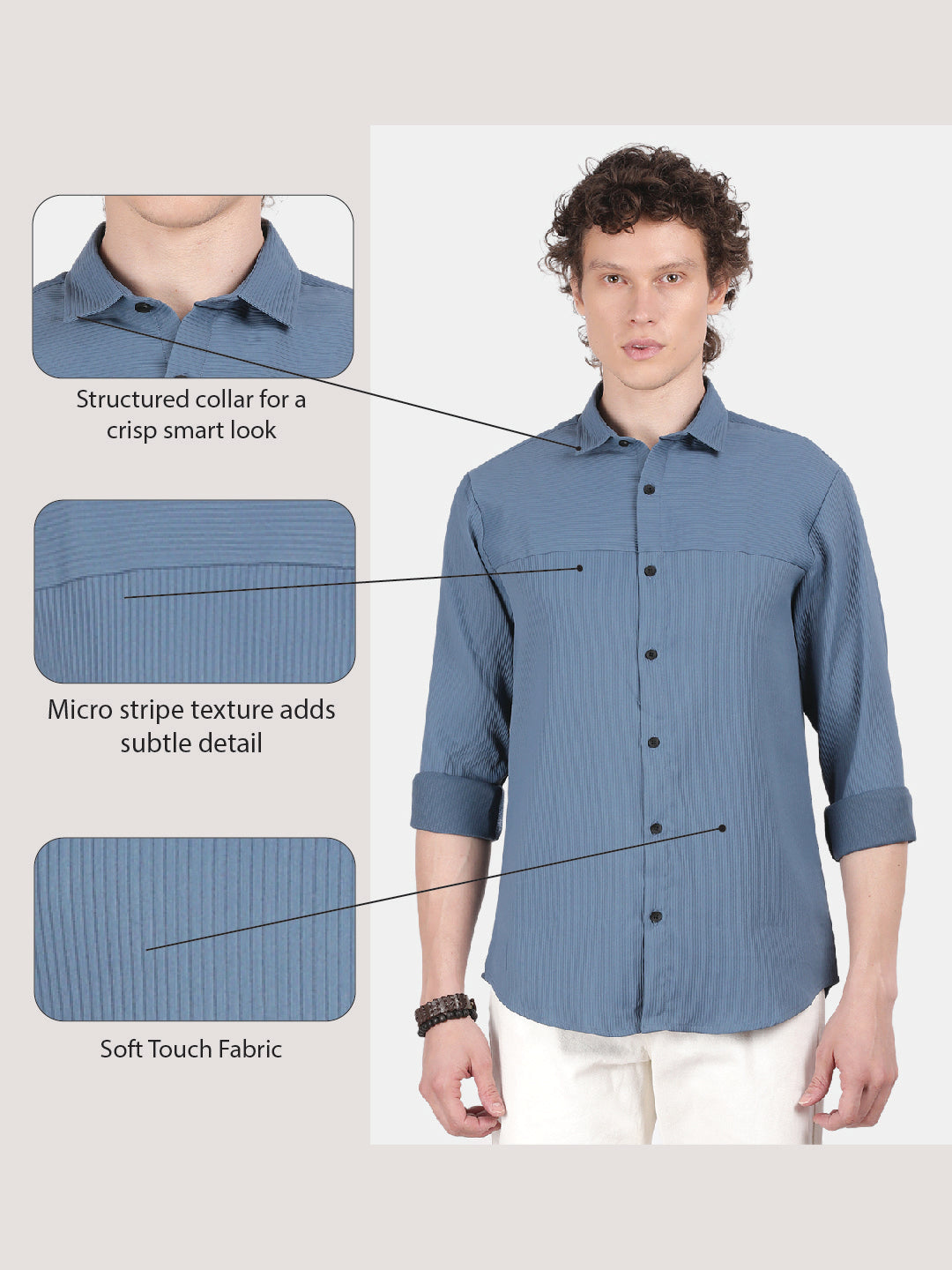 Men Blue Slim Fit Spread Collar Full Sleeve Casual Shirt