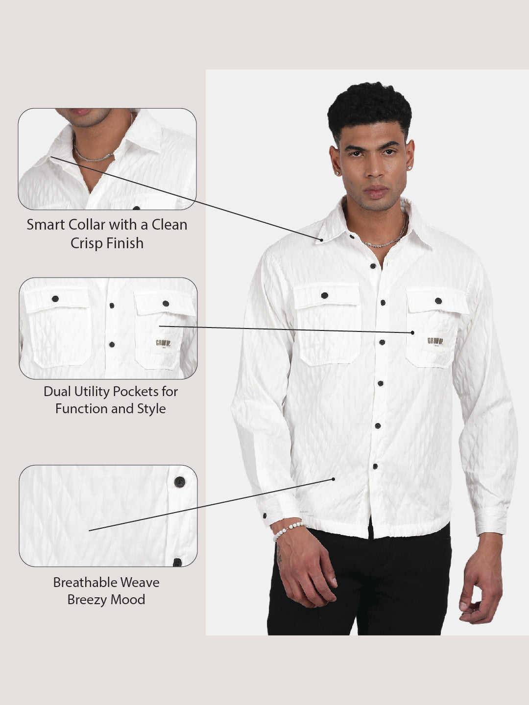 Men White Slim Fit Spread Collar Full Sleeve Casual Shirt