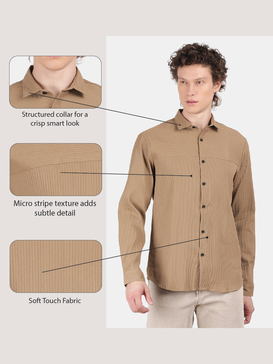 Men Khaki Slim Fit Spread Collar Full Sleeve Casual Shirt