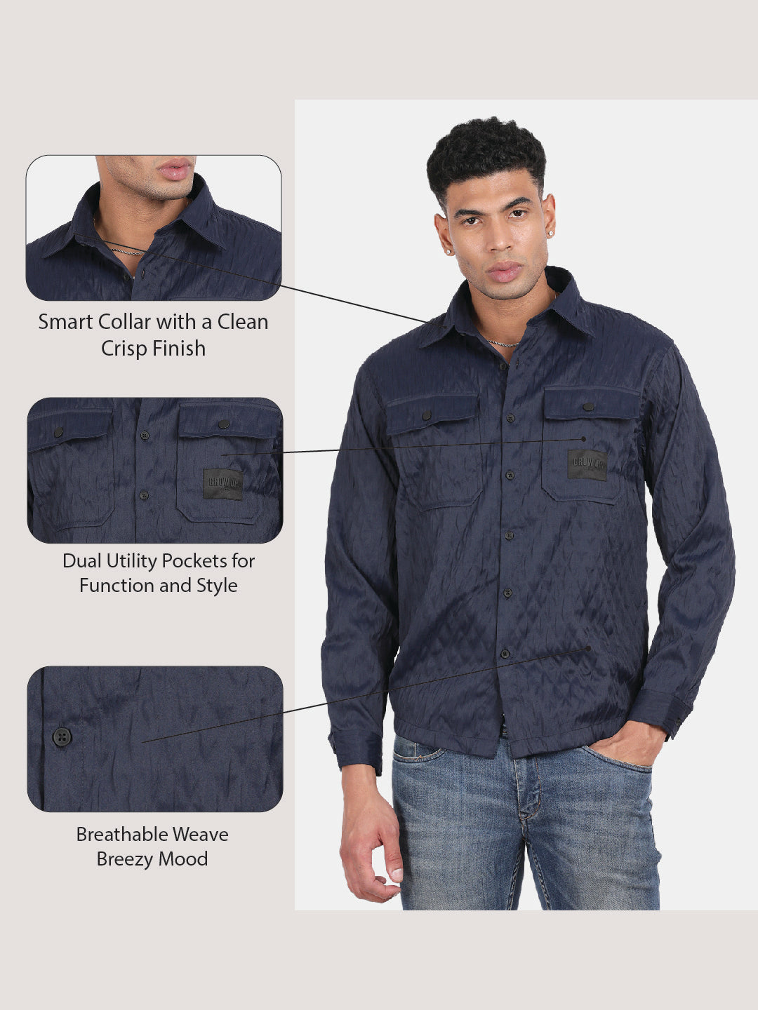 Men Navy Slim Fit Spread Collar Full Sleeve Casual Shirt