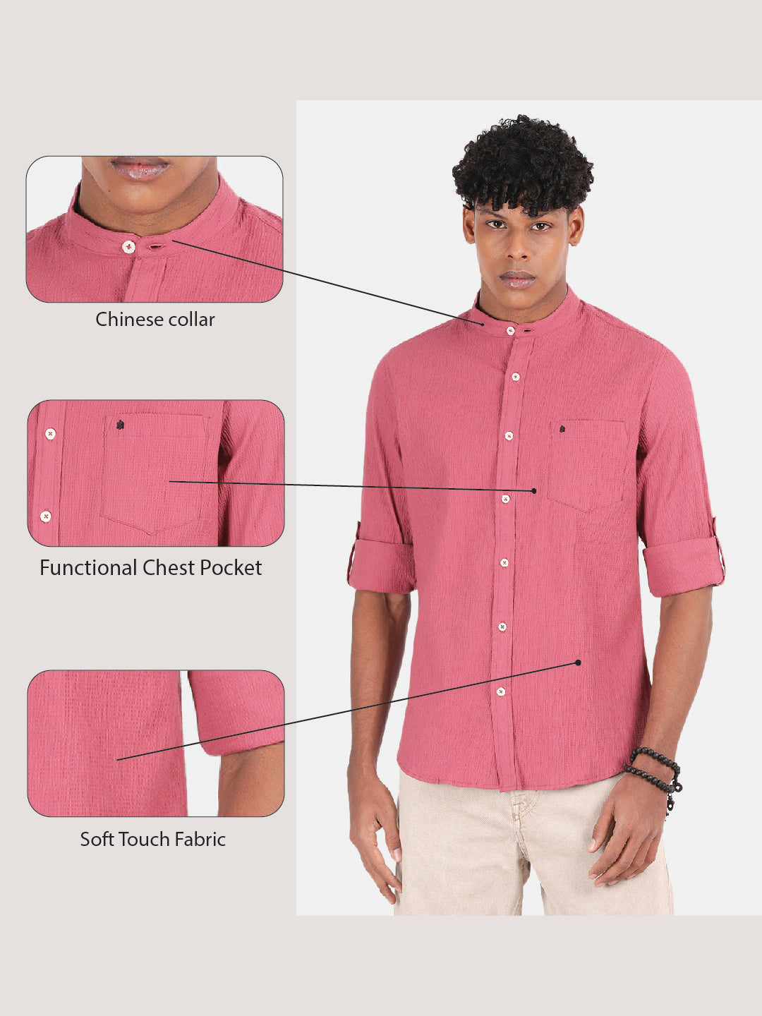 Men Pink Slim Fit Mandarin Collar Full Sleeve Casual Shirt