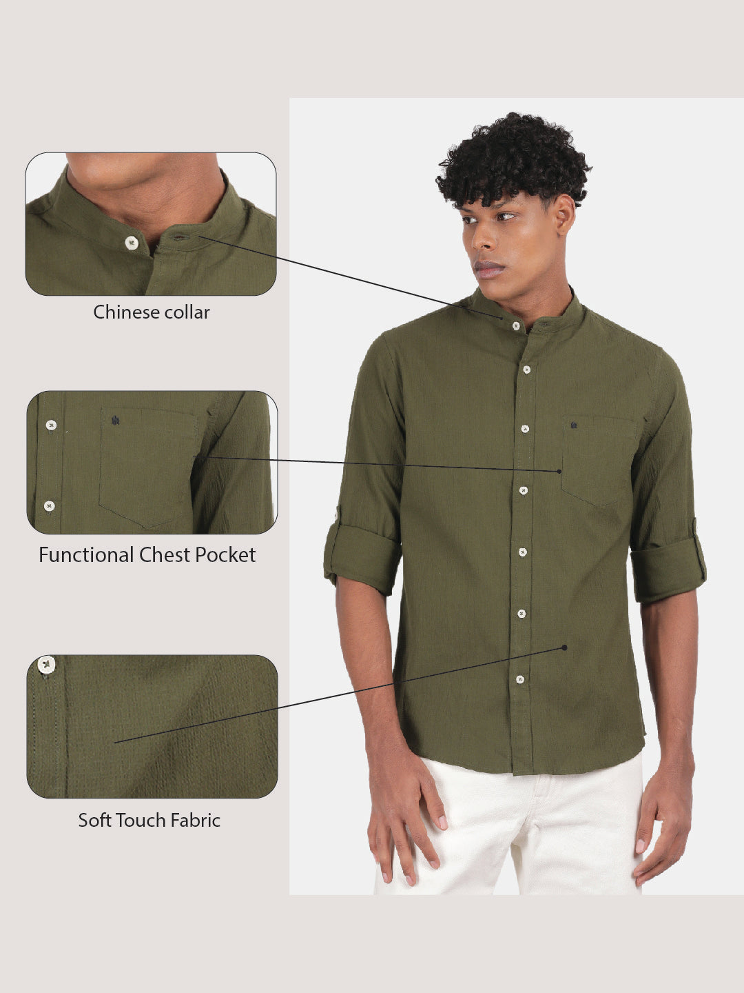 Men Olive Slim Fit Mandarin Collar Full Sleeve Casual Shirt