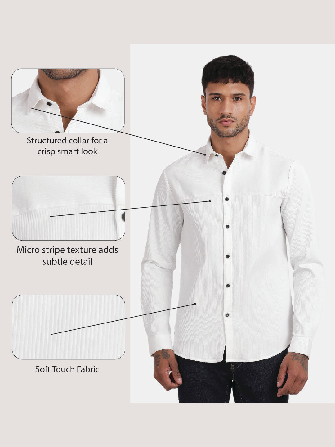 Men White Slim Fit Spread Collar Full Sleeve Casual Shirt