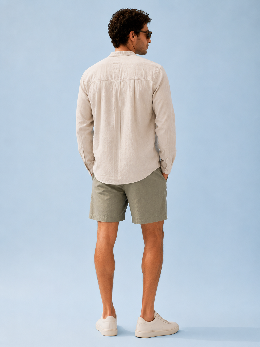 Men Beige Linen Band Collar Shirt