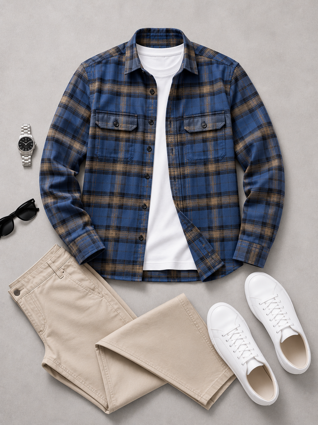 Men Blue Vintage Plaid Shirt