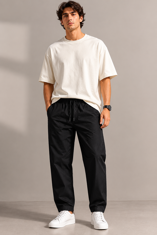 Men Navy Relaxed Drawstring Trousers
