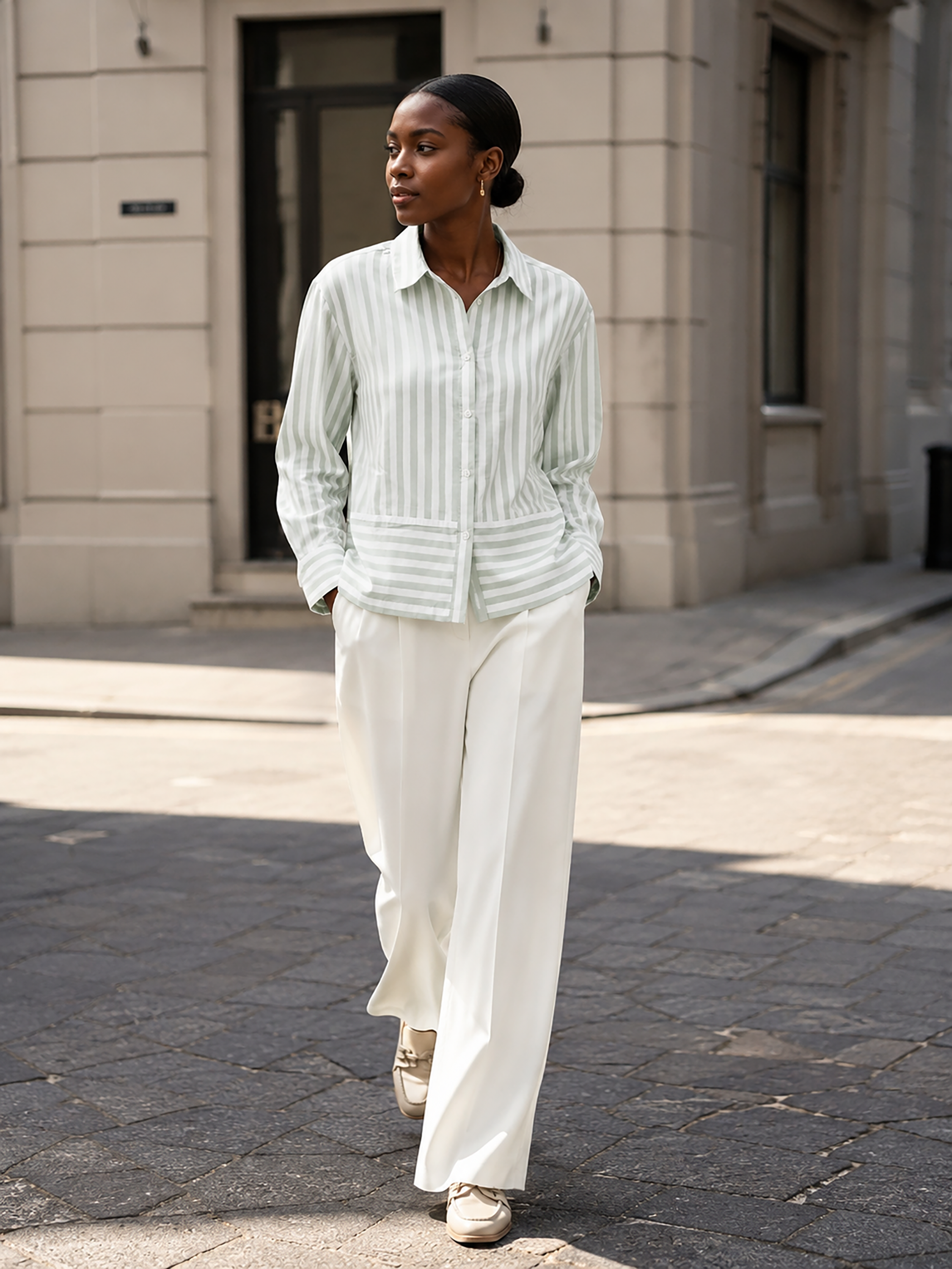 Women Mint Green Stripe Panel Detail Shirt