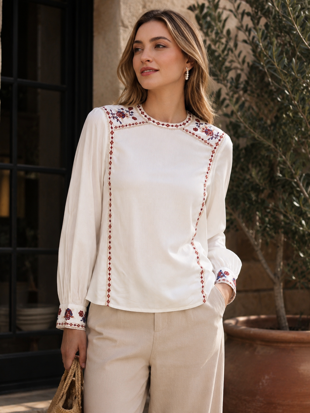 Women White Embroidered Casual Top