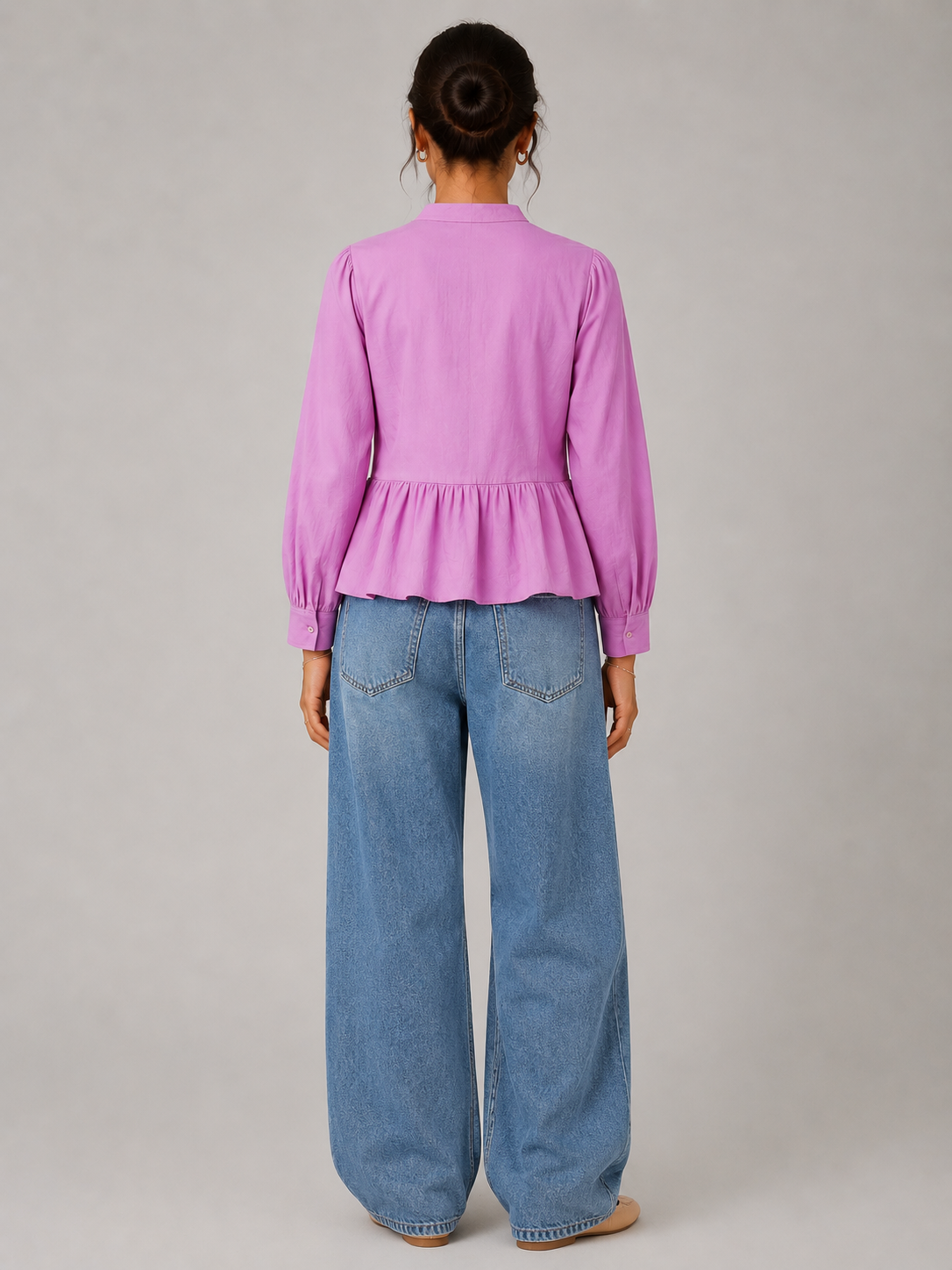 Women Pink Ruffle Front Peplum Top