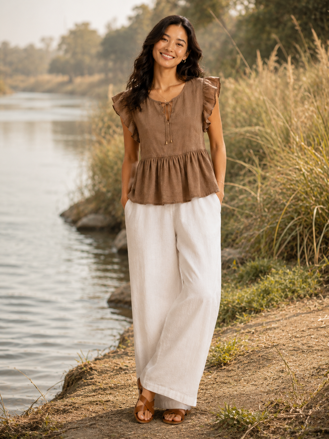 Women Brown Tie-Neck Peplum Top
