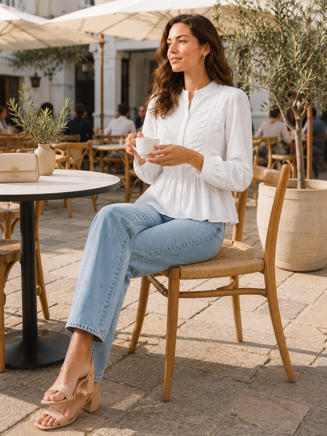Women White Ruffle Front Peplum Top