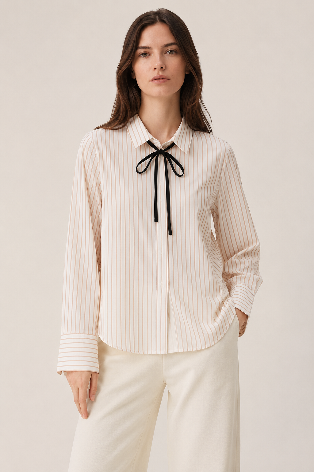 Women Pink Cotton Shirt With Neck Tie Ribbon