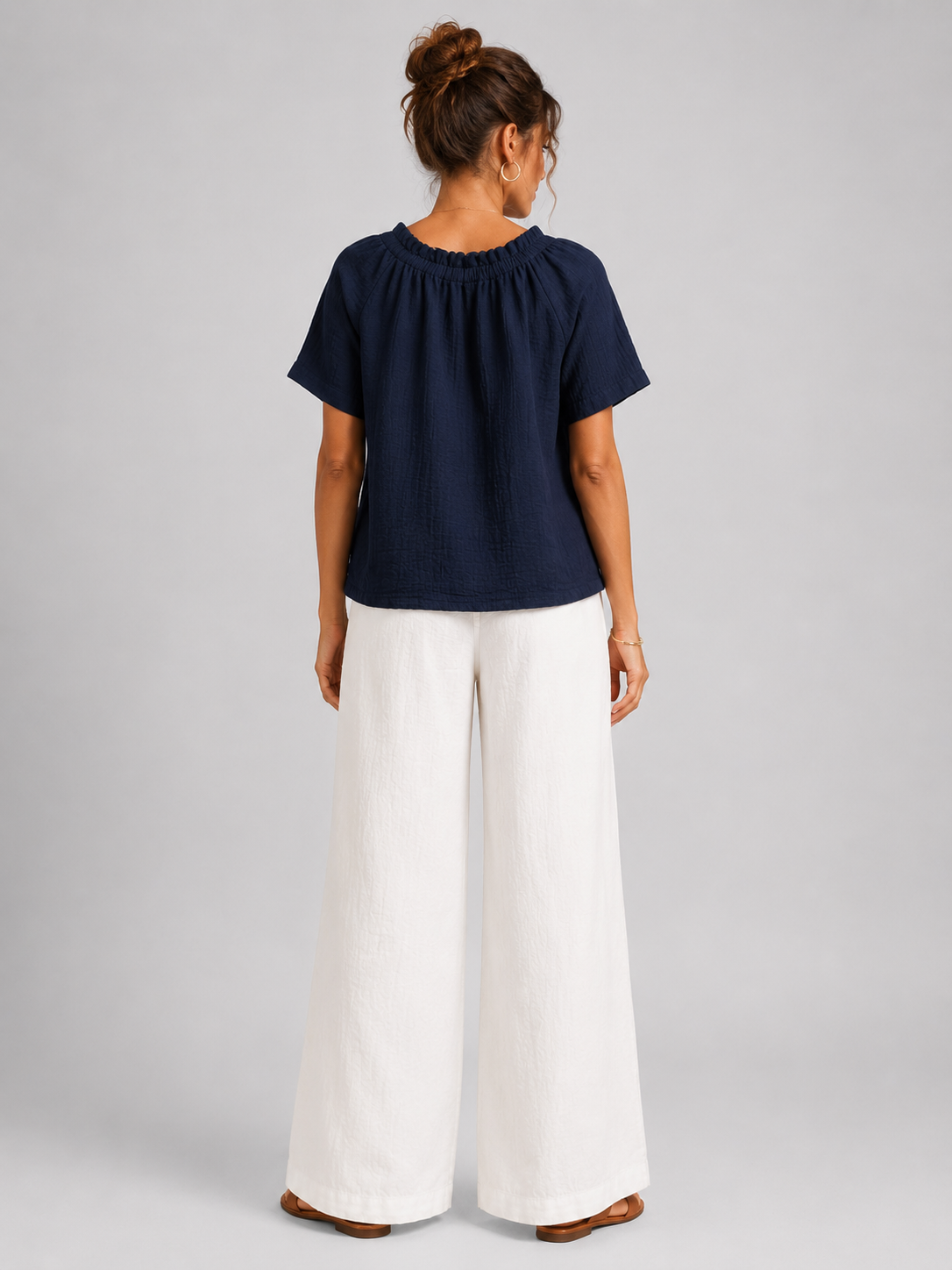 Women Navy Gathered Neck Top
