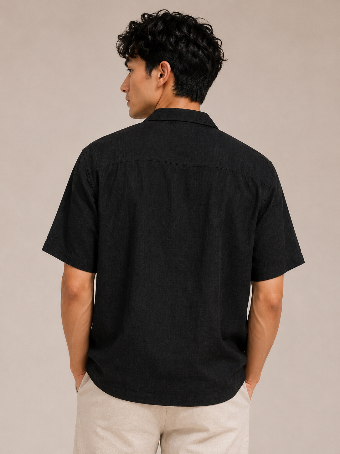 Men Black Textured Camp Collar Shirt