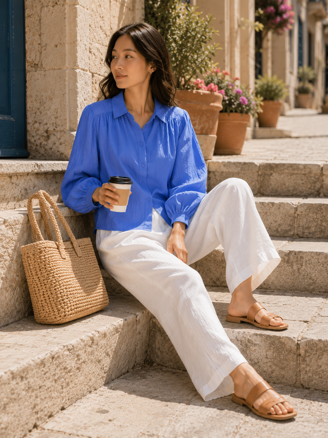Women Blue Batwing Sleeve Shirt