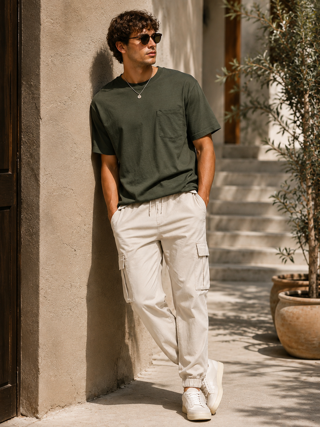 Men Light Beige Mid Rise Cargo Pants
