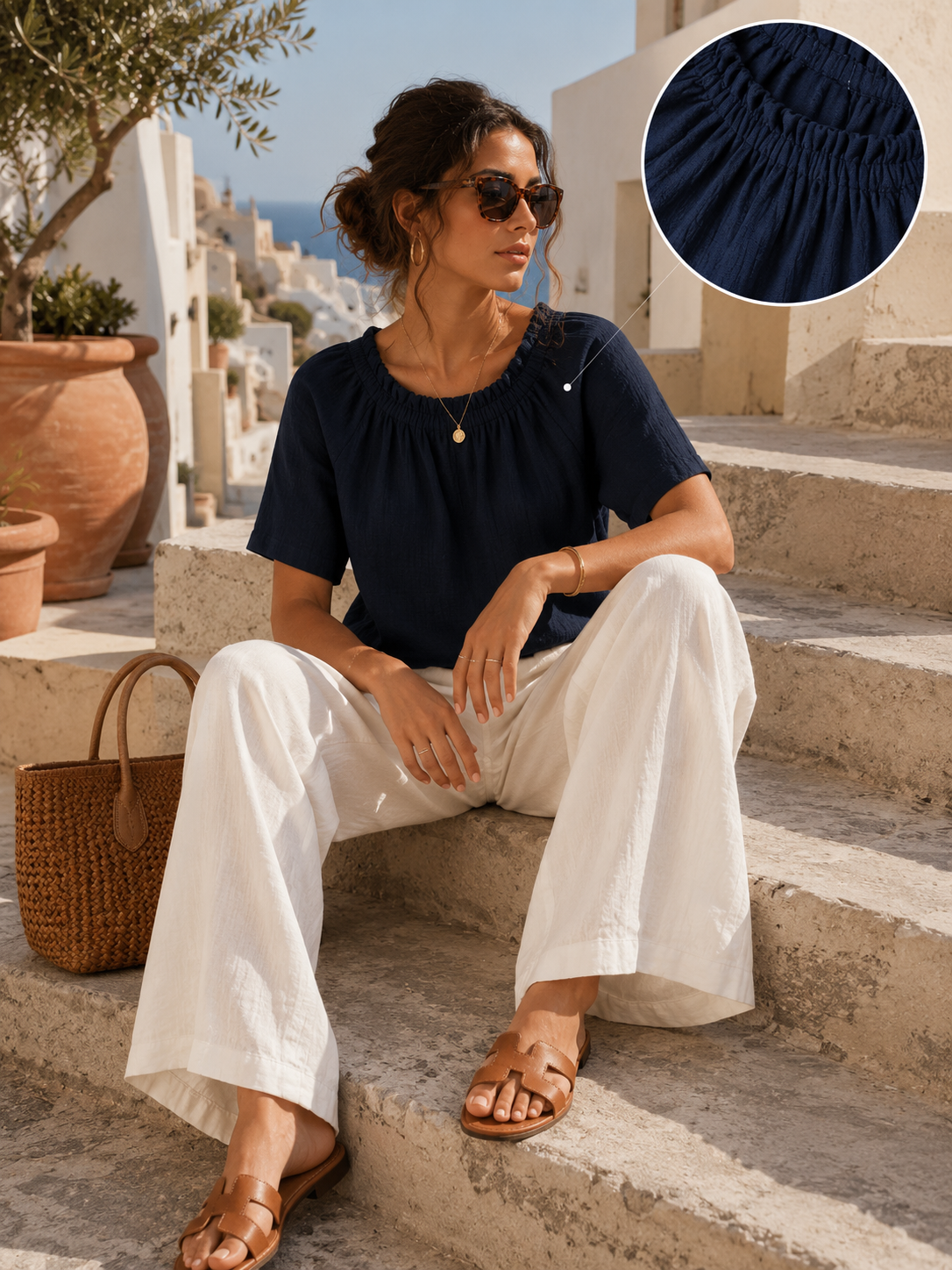 Women Navy Gathered Neck Top
