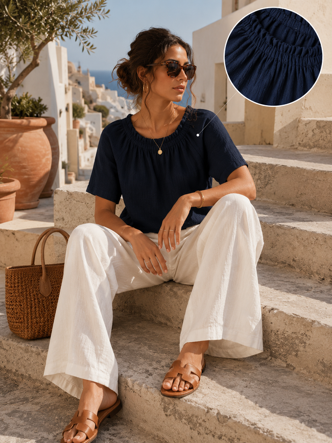Women Navy Gathered Neck Top