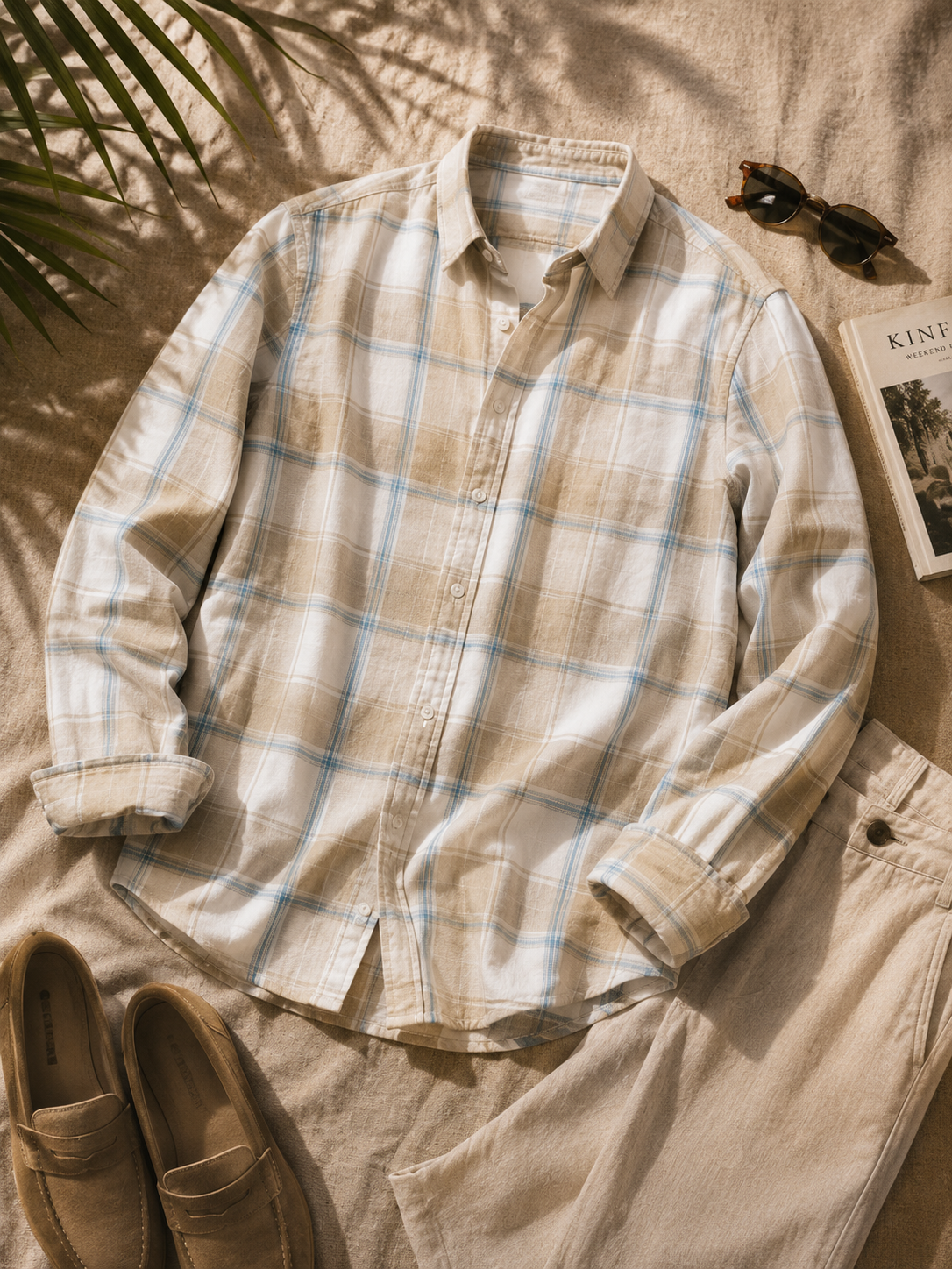 Men Beige Plaid Checked Long Sleeve Shirt
