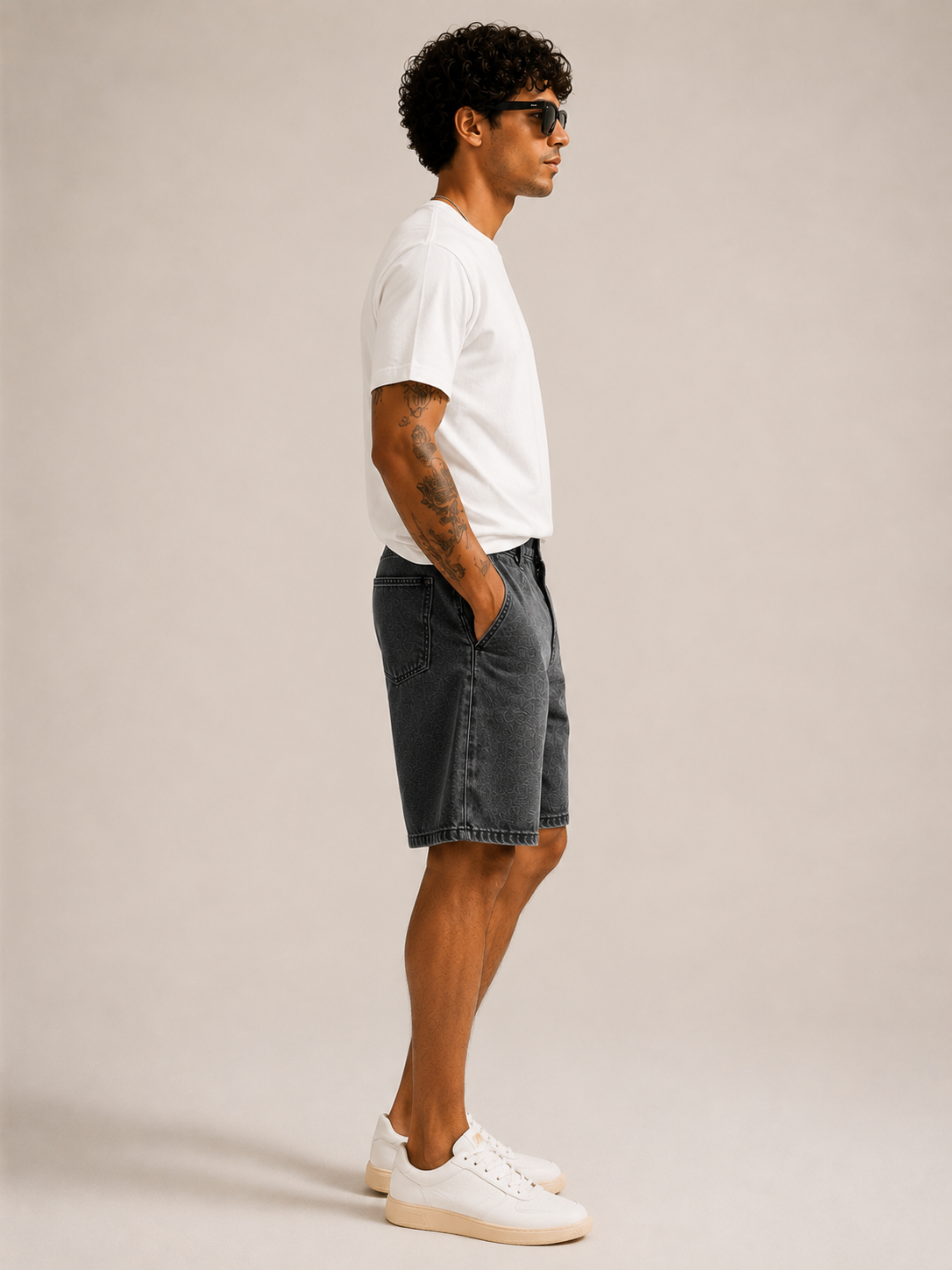 Men Black Washed Denim Shorts
