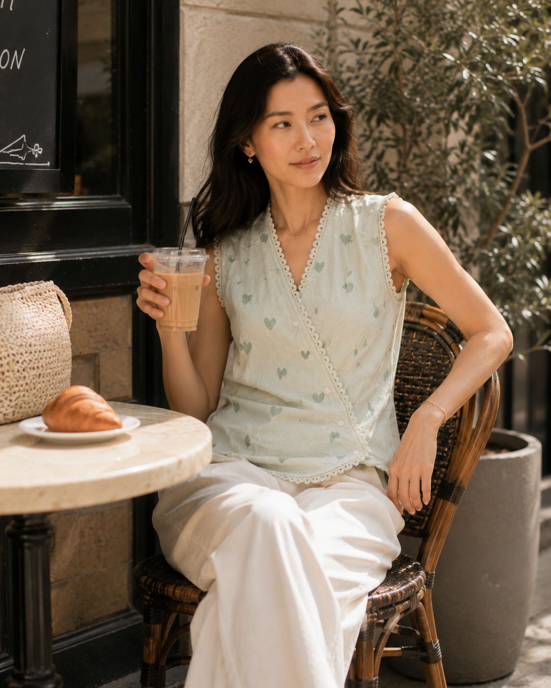 Women Heart Print Lace Trim Wrap Top