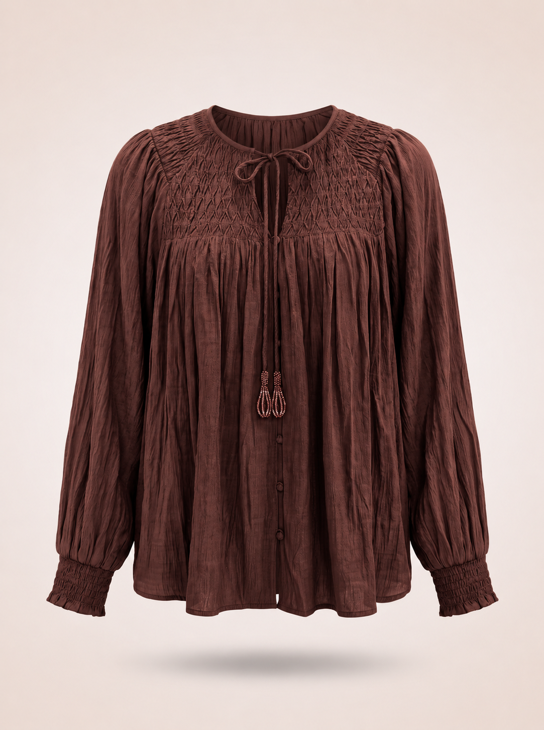 Women Brown Smocked Long Sleeve Top